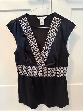 White House Black Market Silk Black Blouse with White Chain-Link Trim